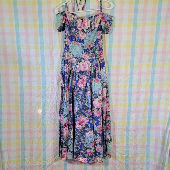 Vintage floral bodice fitted prairie dress off shoulder cottagecore princess - Picture 4 of 10